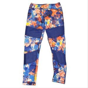 Adidas Jodo Ink Multicolor Print Blue Mesh Panel Leggings MEDIUM